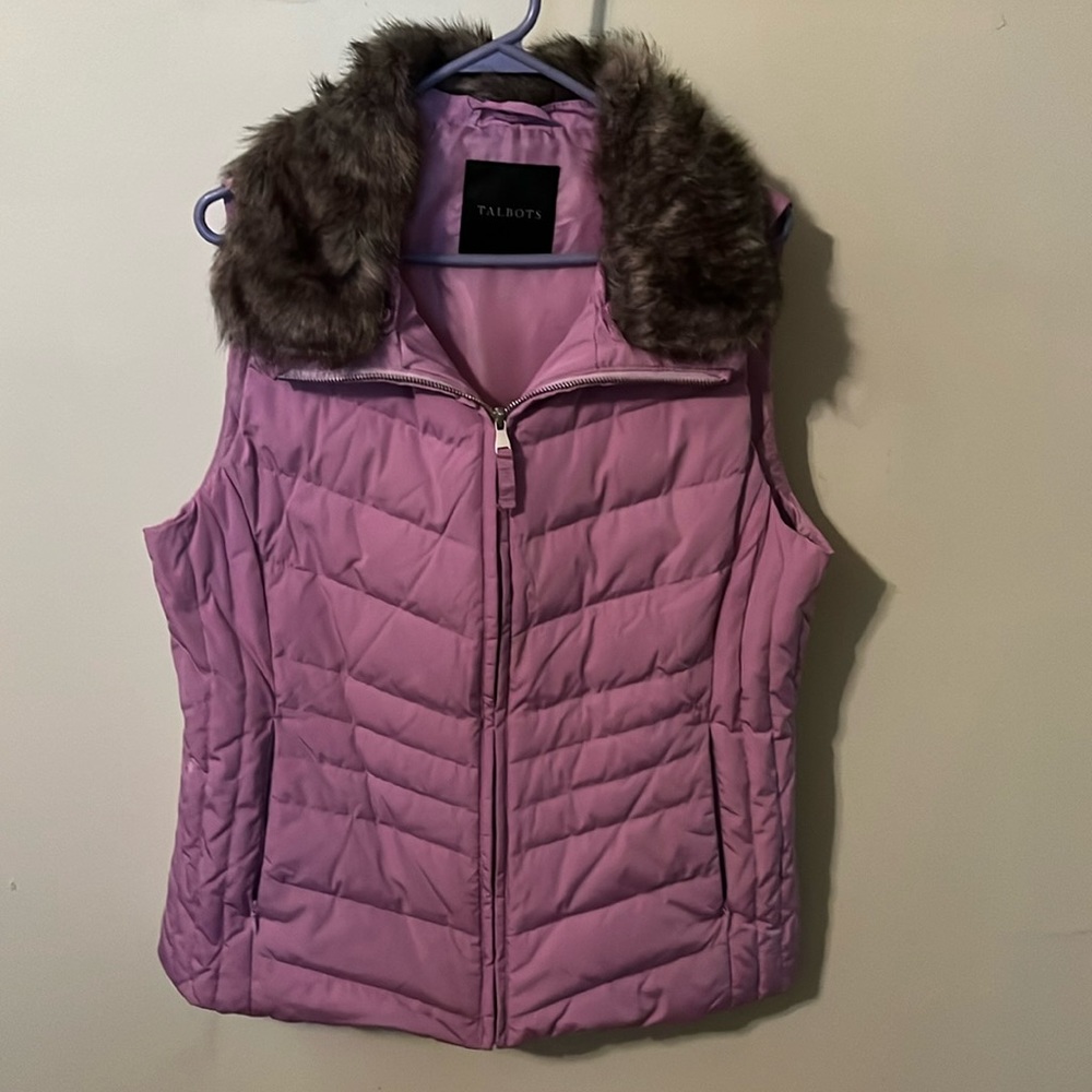 Talbots sleeveless puffer vest with removable faux fur.